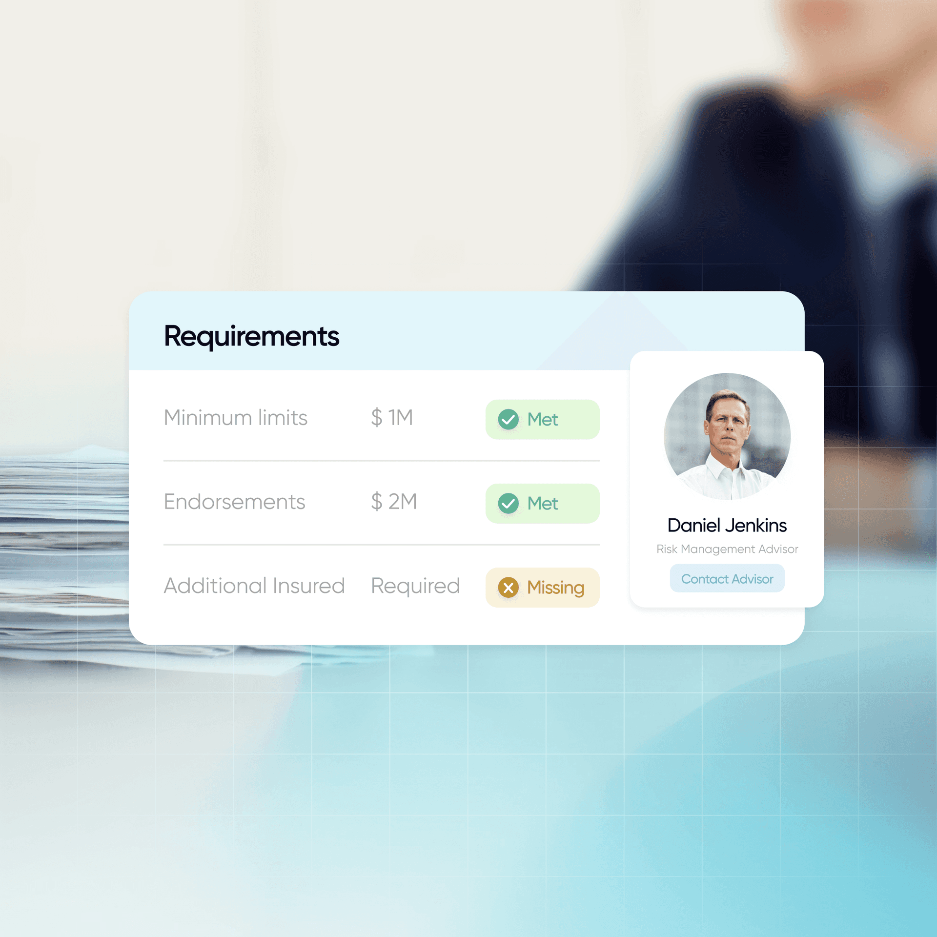 A professional at a table reviewing insurance requirements.