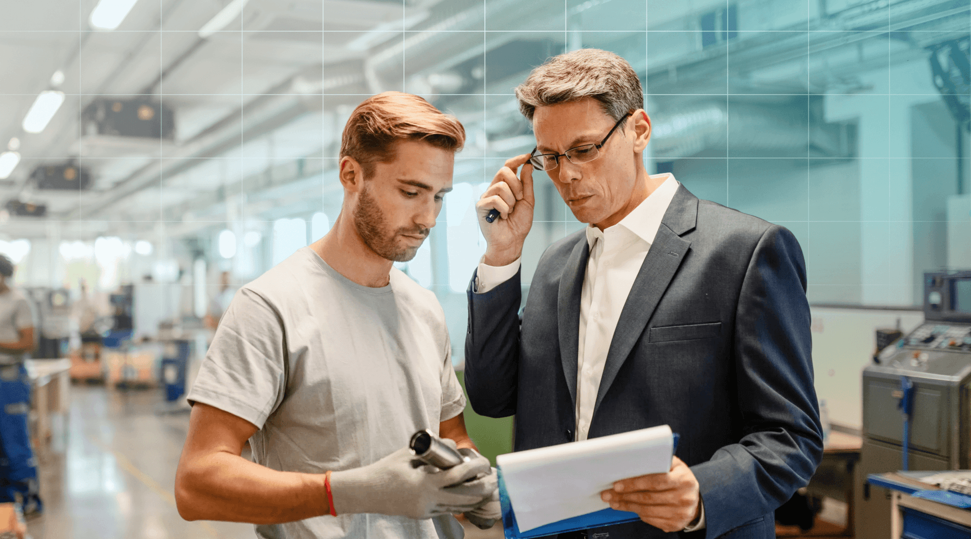 Professional explaining insurance to a construction worker.