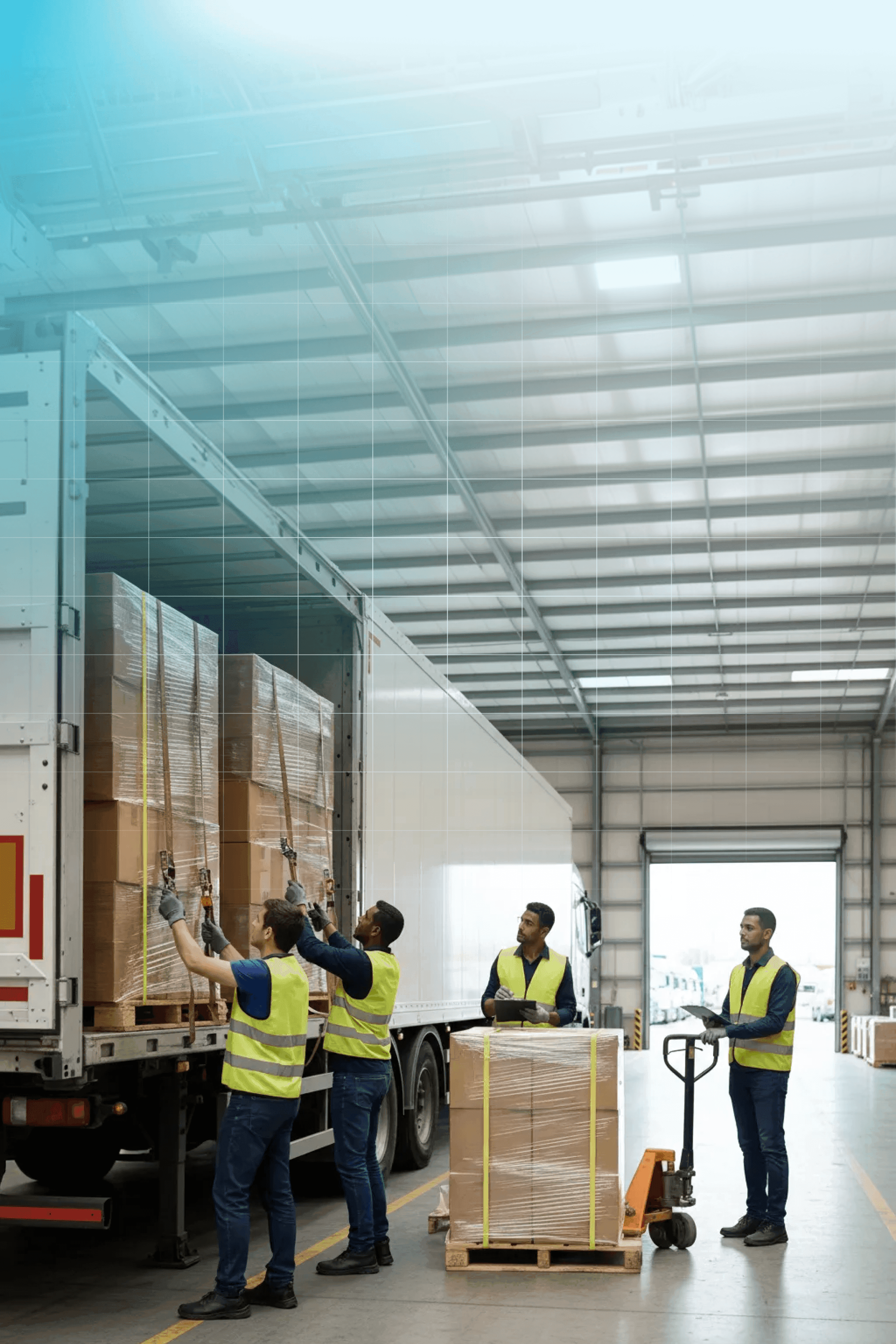 Cargo being unloaded from motor truck.