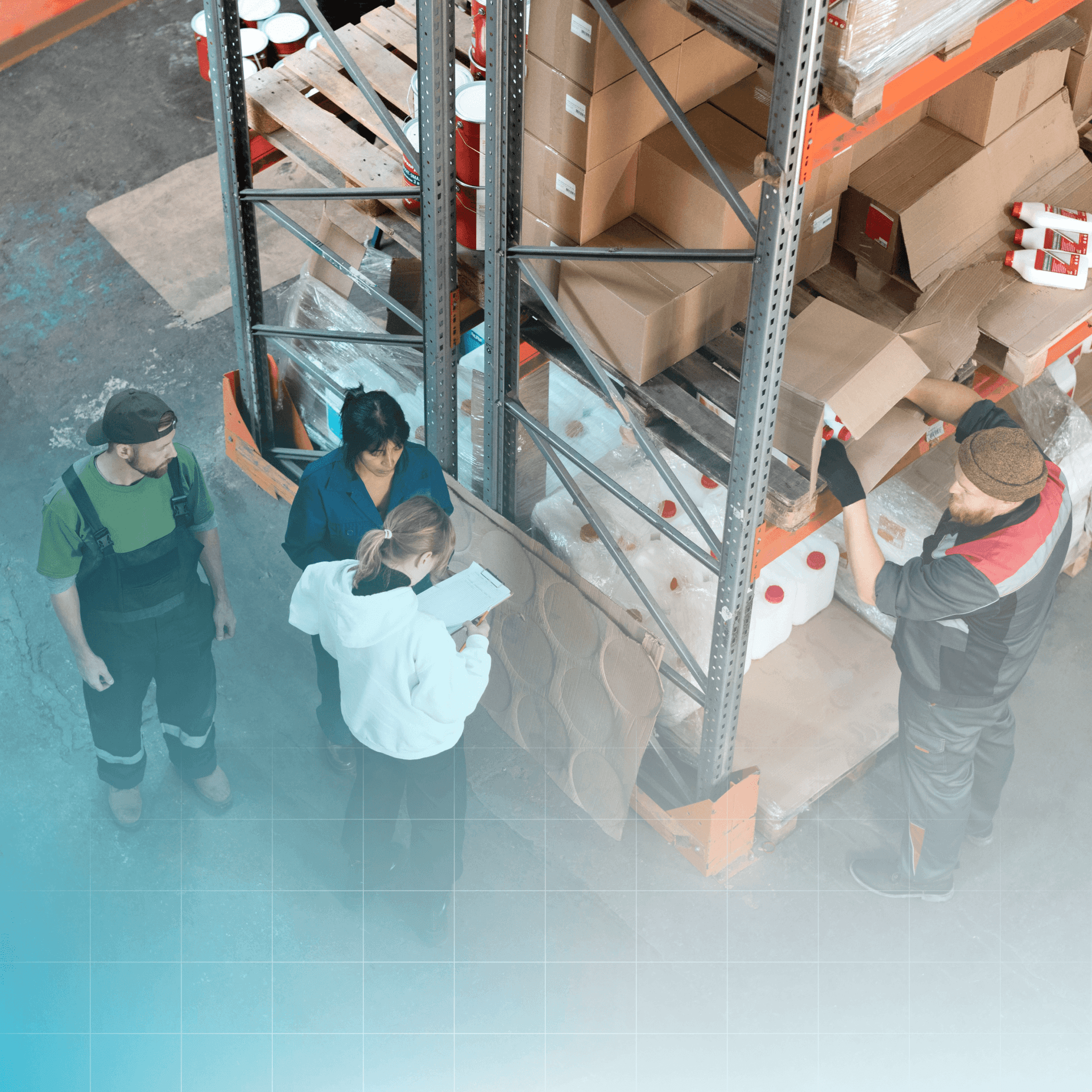 Top down image of employees working.