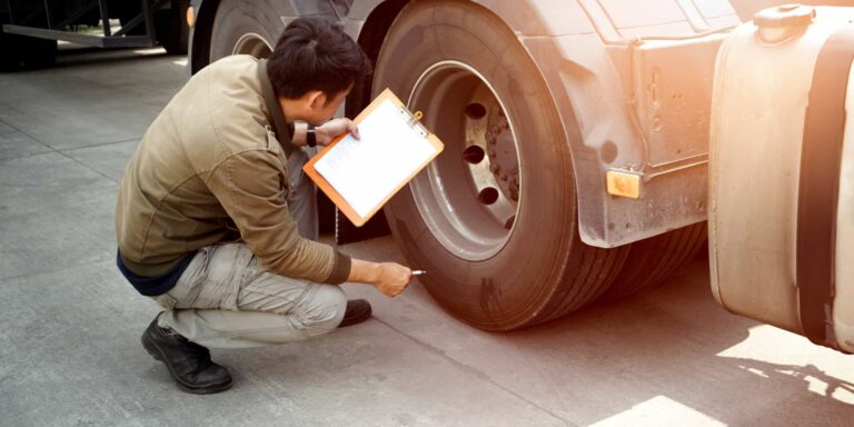 Man with clipboard inspecting a fleet tire, demonstrating fleet safety programs to lower insurance costs.